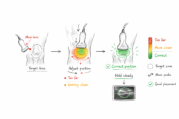Diagram showing step-by-step visual guidance helping a user position a device correctly