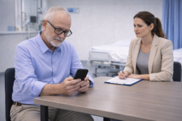 Illustrative scene showing a moderated usability testing session with a participant and an observer.
